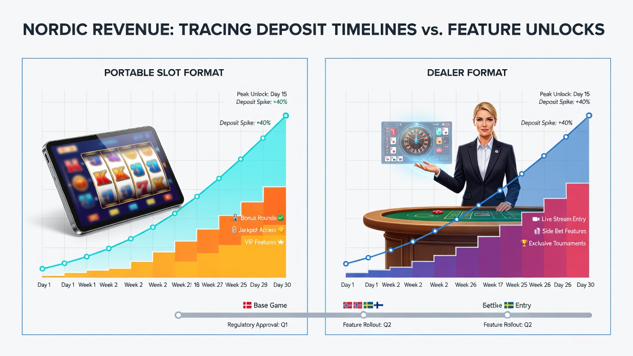 Comparison chart of mobile slot versus live dealer feature unlock timing relative to deposit speeds in Nordic datasets